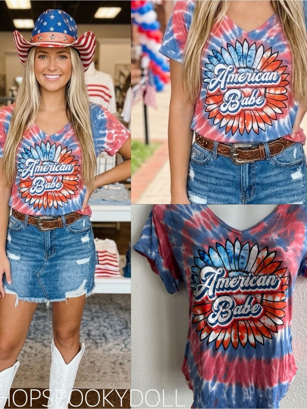 American Babe Tie-Dye V-Neck Tee - Red & Blue